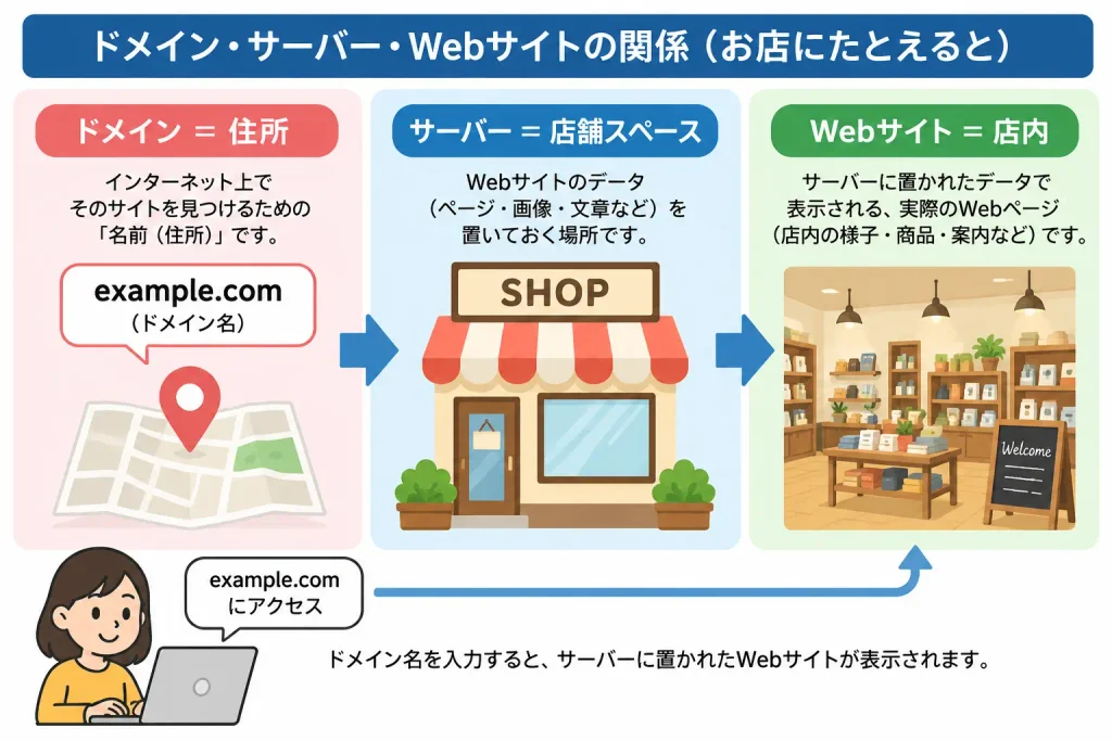 ドメイン・サーバー・Webサイトの関係（お店にたとえると）